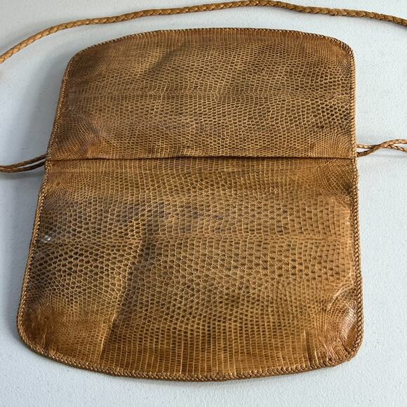 Vintage Folk Crafted Reptile Lizard Skin Crossbody Bag Purse Fold Over Tan - Picture 15 of 16